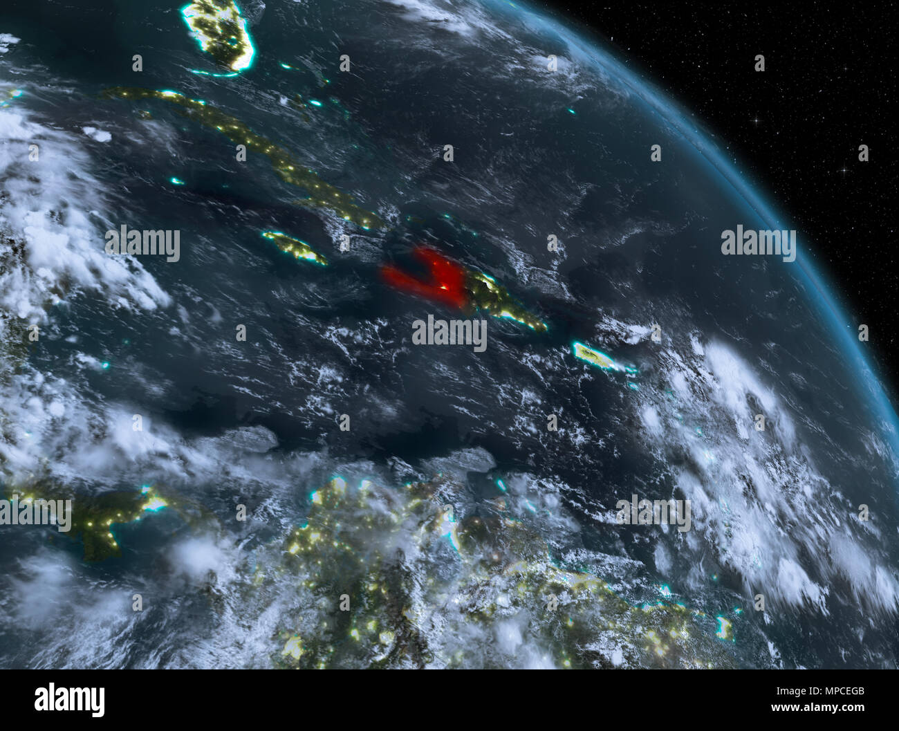 Night above Haiti highlighted in red on model of planet Earth in space ...