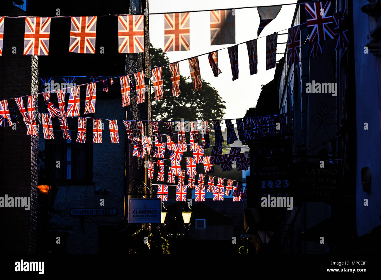 Royal wedding. Union Jack flags bunting hang in the streets of Windsor at dawn on the day of Meghan Markle and Prince Harry wedding. British. Morning Stock Photo