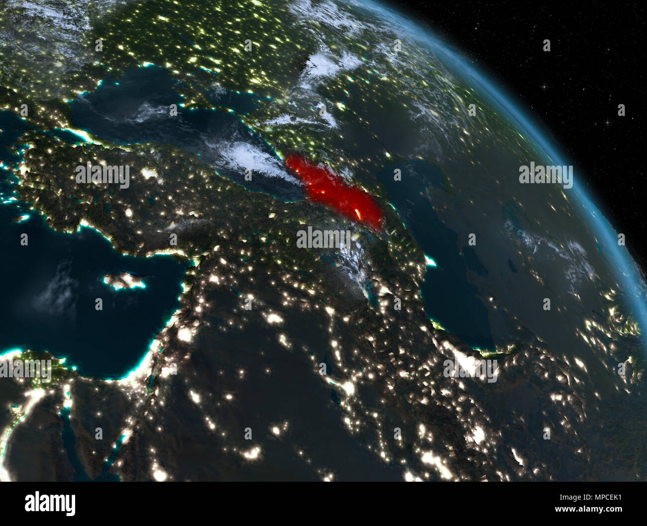Night above Georgia highlighted in red on model of planet Earth in ...