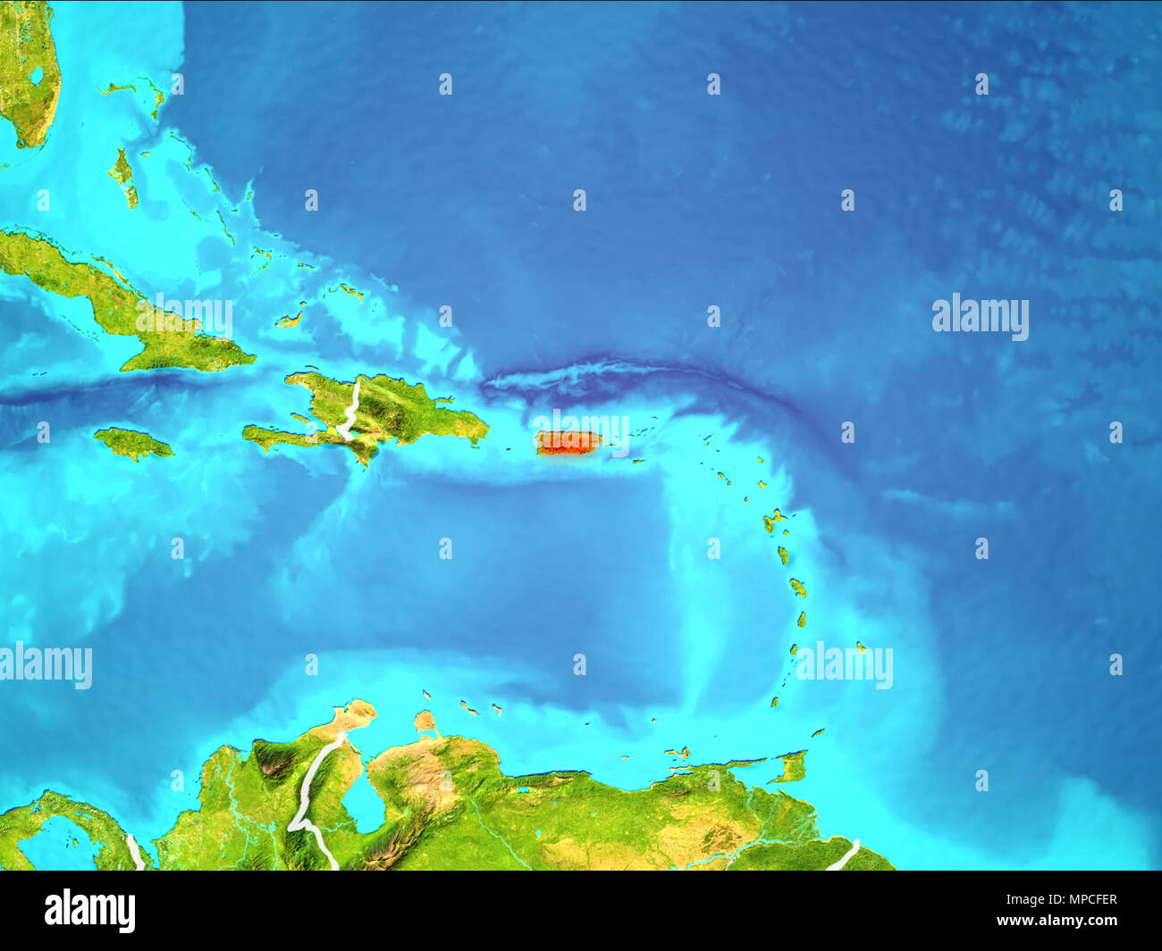 Puerto Rico highlighted in red from Earth’s orbit. 3D illustration. Elements of this image furnished by NASA. Stock Photo