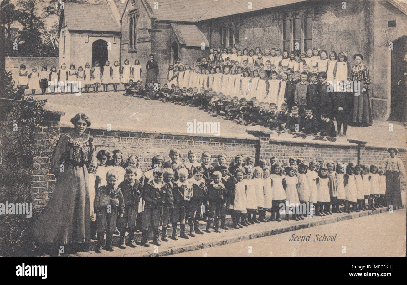 Vintage Printed Postcard of The School Children at Seend, Wiltshire, England, UK Stock Photo