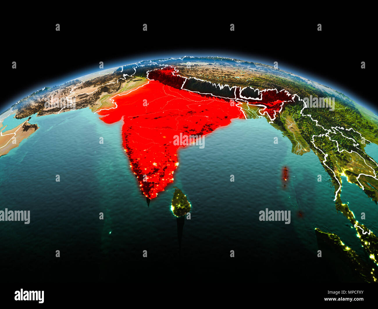 India Highlighted On World Map Hi Res Stock Photography And Images Alamy Morning Above India Highlighted In Red On Model Of Planet Earth In Space With Visible Border Lines And City Lights 3d Illustration Elements Of This MPCFXY