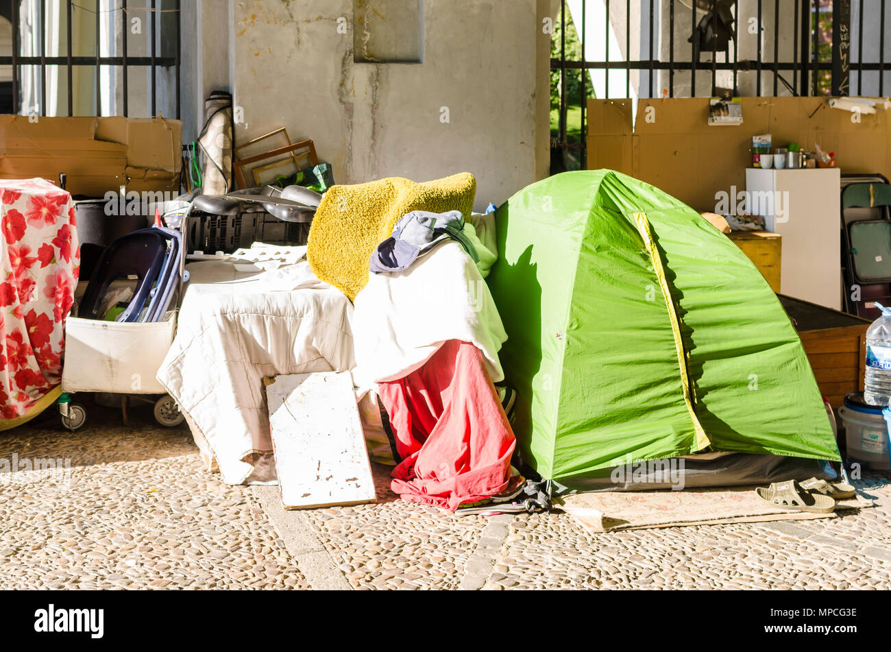 View of a tent closed to Vistillas square, Madrid city, Madrid, Spain. Stock Photo