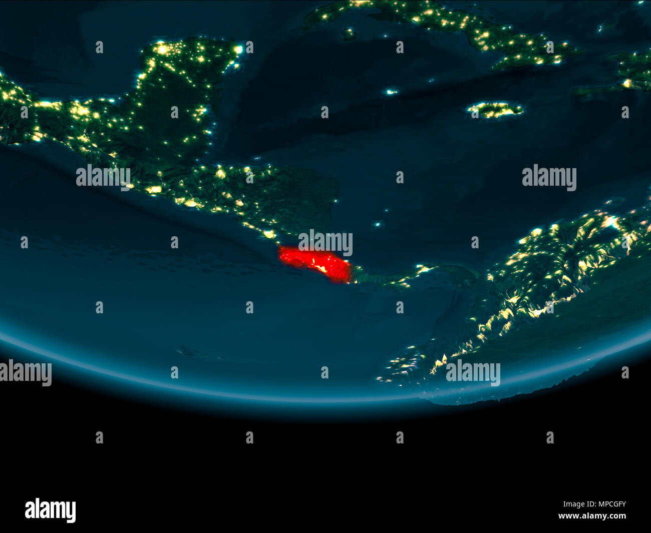 Costa Rica at night highlighted in red on planet Earth. 3D illustration ...