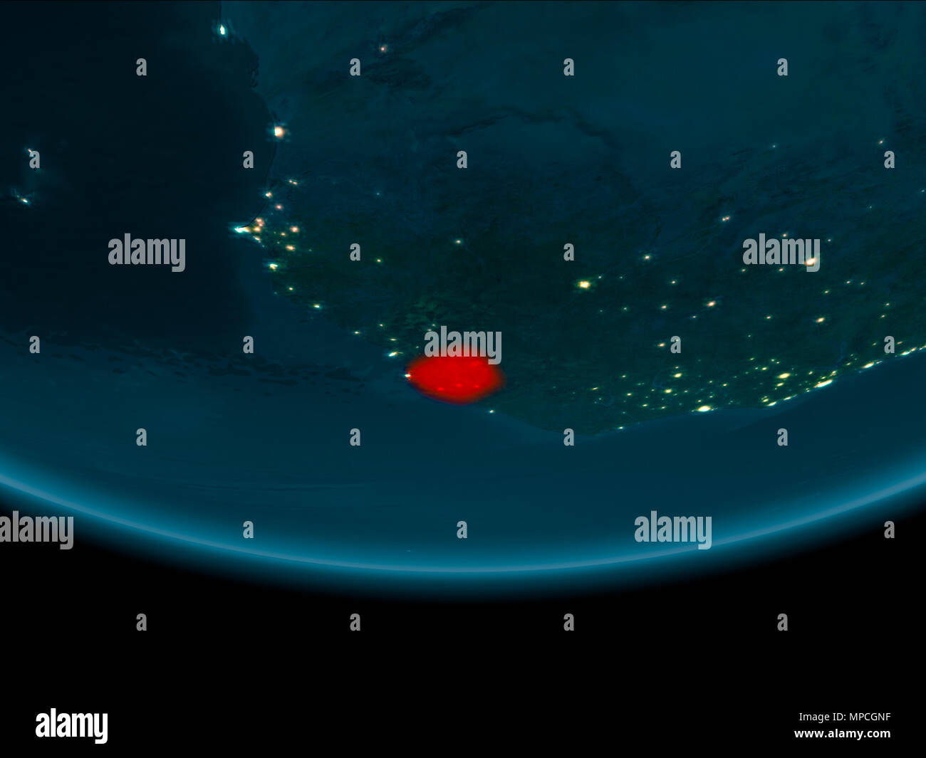 Sierra Leone at night highlighted in red on planet Earth. 3D ...