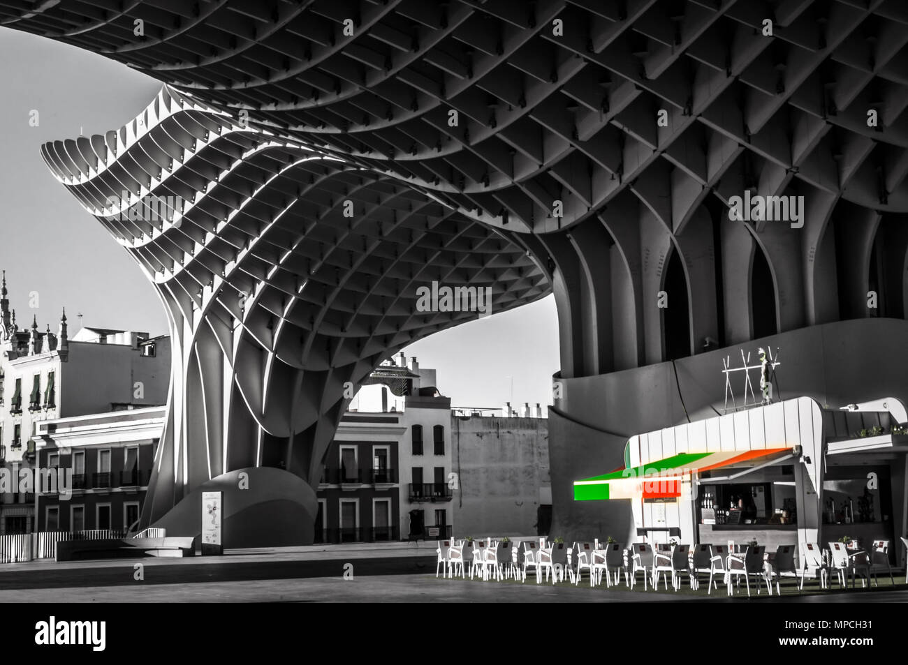 Italian pizzeria and restaurant with terrace, monochrome picture Stock Photo