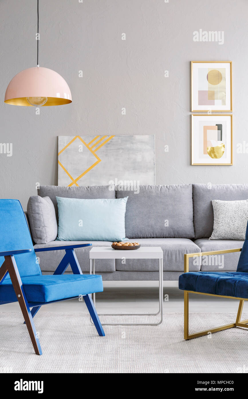 Blue Armchair Near White Table And Grey Sofa In Modern Living Room Interior With Poster Real Photo Stock Photo Alamy