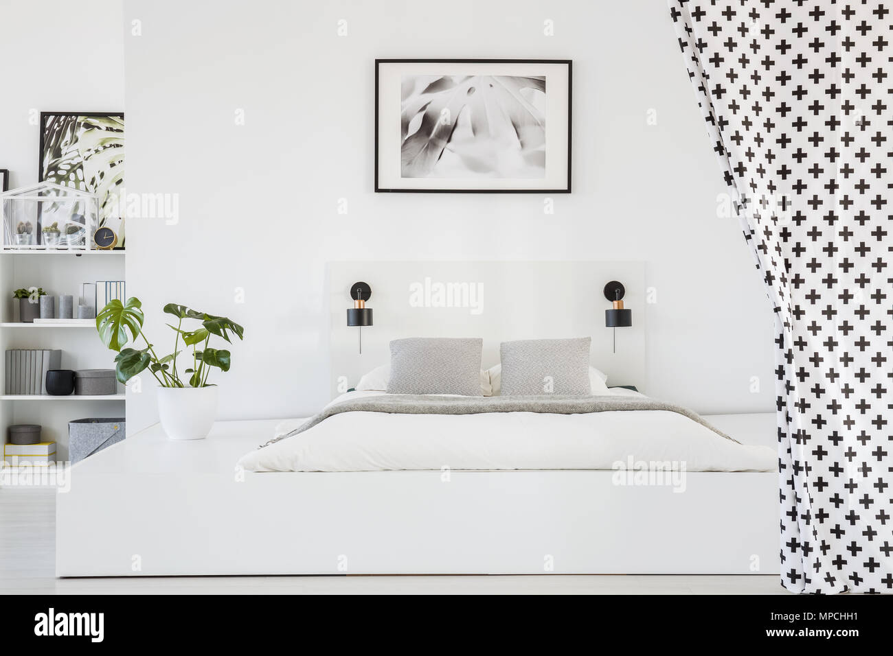 Real Photo Of A Spacious White Bedroom Interior With A Platform