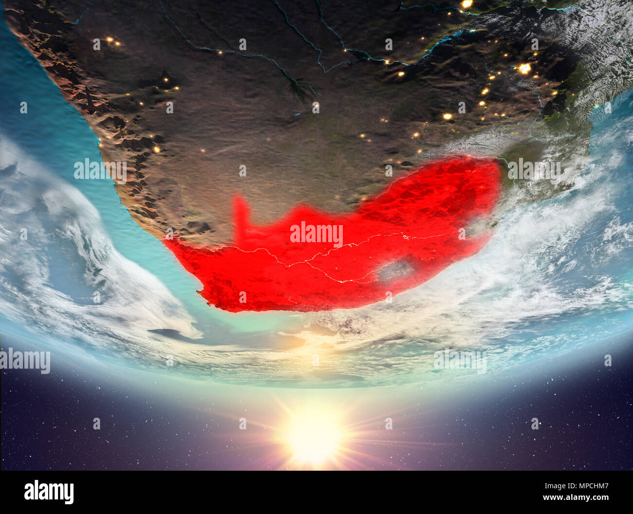 South Africa during sunrise highlighted in red on planet Earth with ...