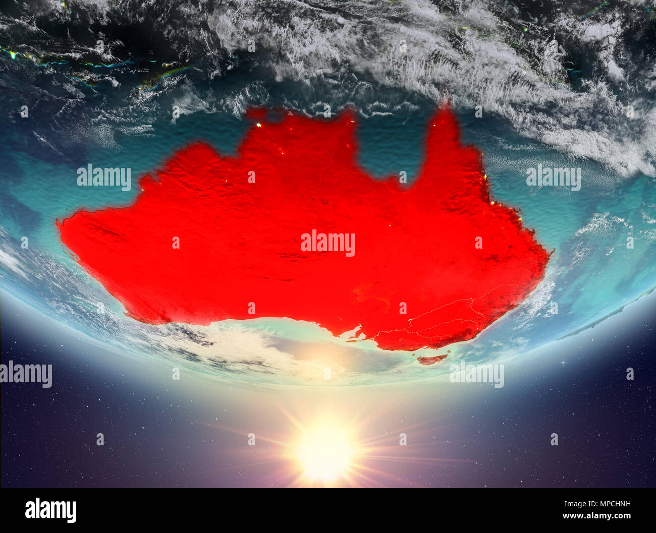 Australia during sunrise highlighted in red on planet Earth with clouds ...