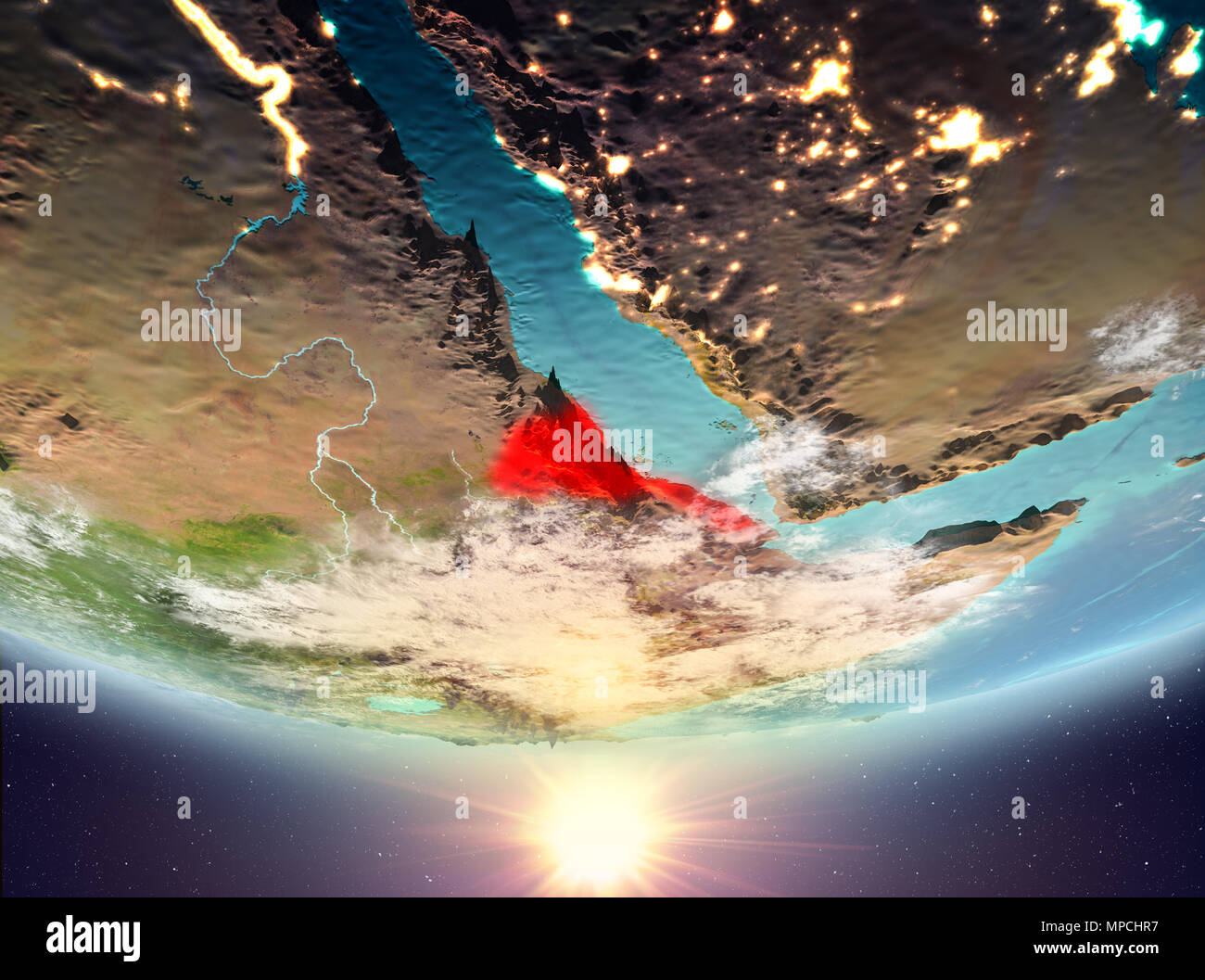 Eritrea during sunrise highlighted in red on planet Earth with clouds ...