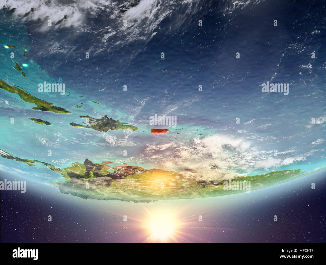 Puerto Rico during sunrise highlighted in red on planet Earth with ...