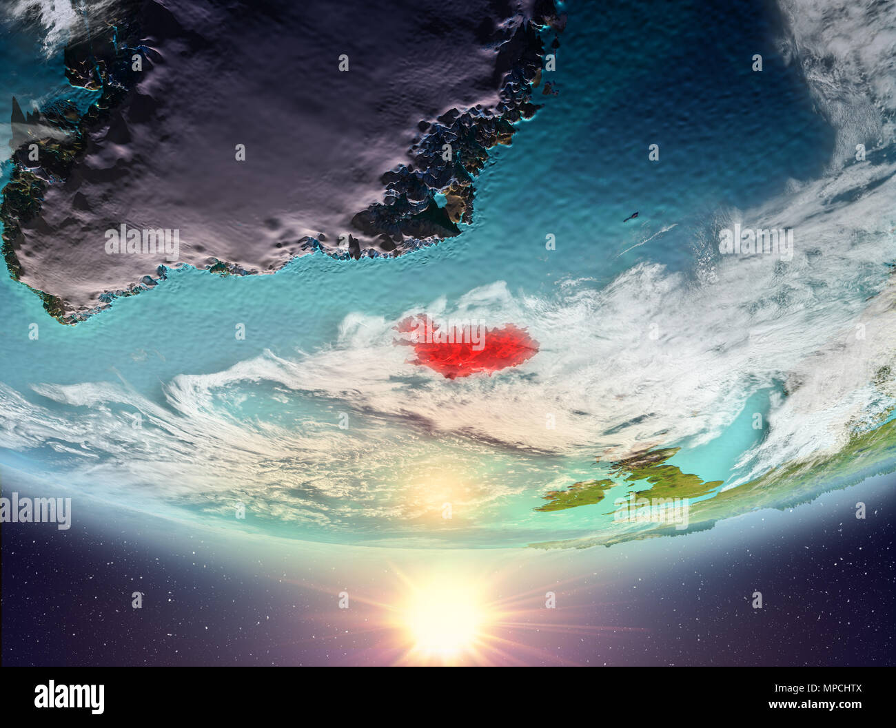 Iceland during sunrise highlighted in red on planet Earth with clouds ...