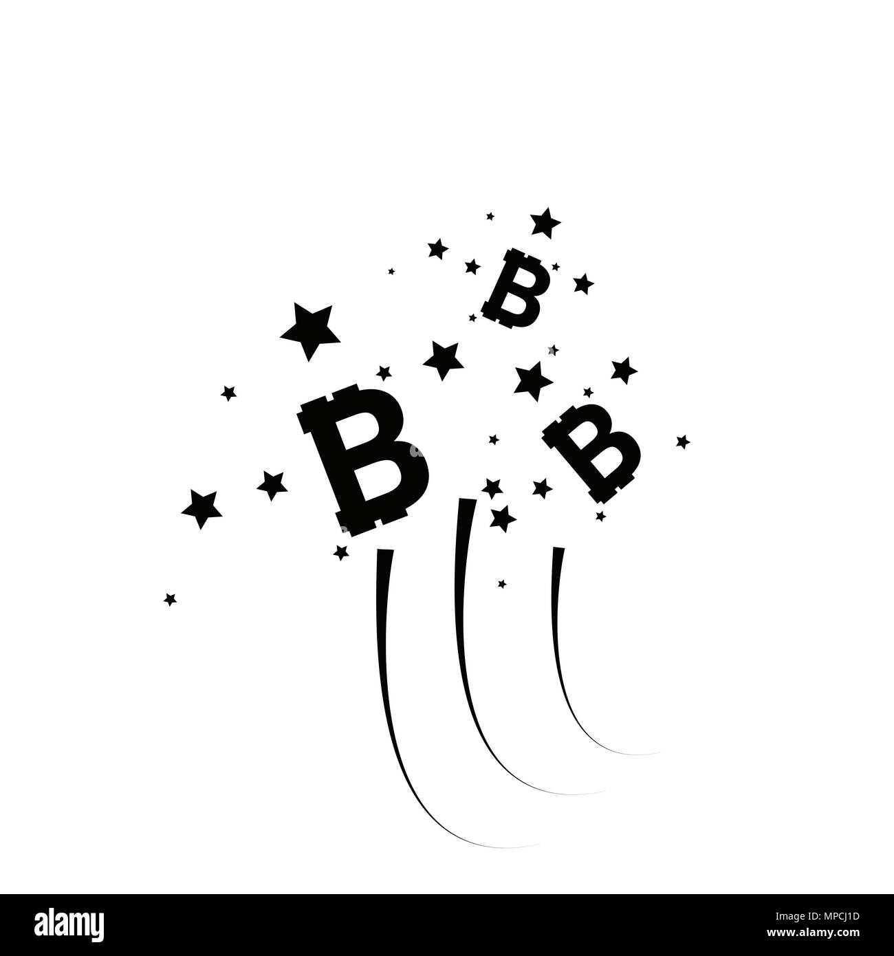 Bitcoin coin with fast speed firework. Abstract Falling bitcoin- Black Shooting bitcoin with Elegant Star Trail on White Background - Stars, Bitcoin, firework Stock Vector