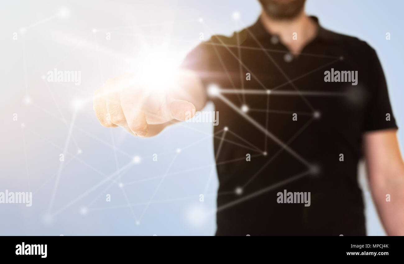 network concept on translucent touch screen with businessman touching node with extended finger Stock Photo