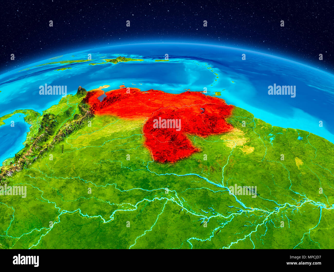 Satellite view of Venezuela highlighted in red on planet Earth. 3D illustration. Elements of this image furnished by NASA. Stock Photo