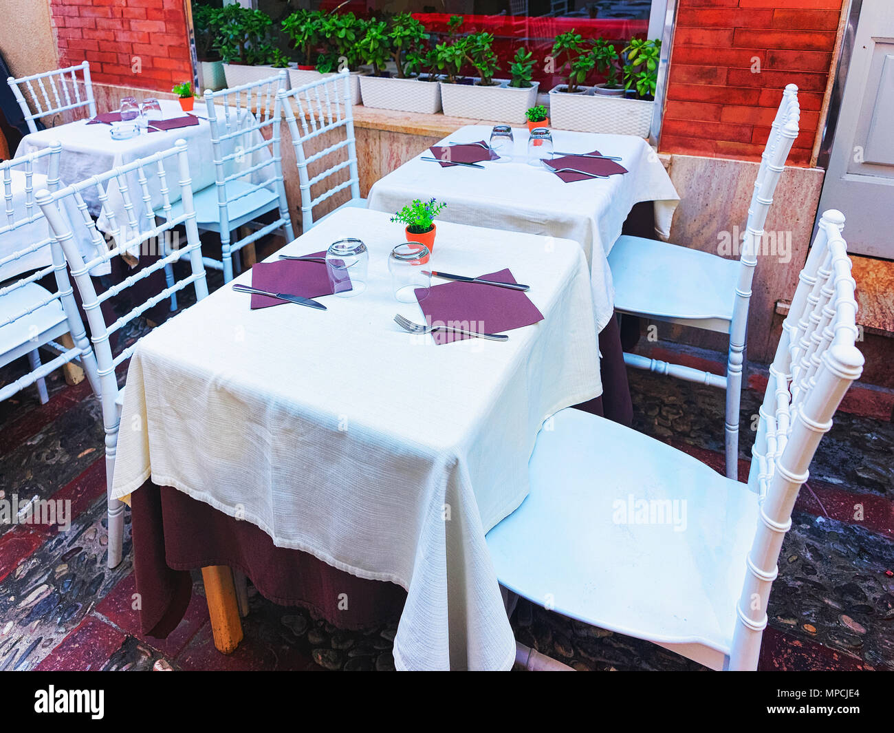 Tables at street restaurant in Taormina, Sicily, Italy Stock Photo Alamy