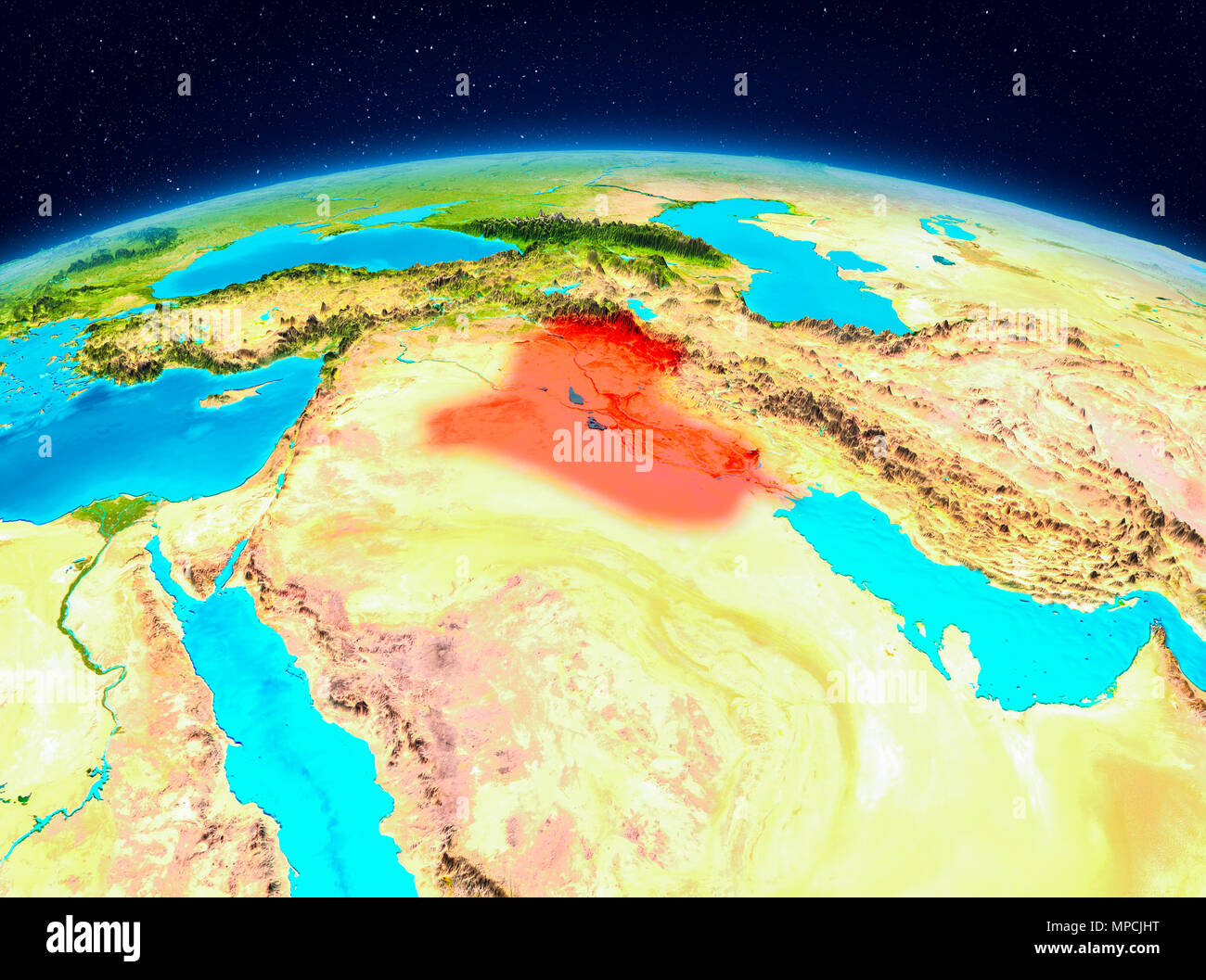 Satellite view of Iraq highlighted in red on planet Earth. 3D illustration. Elements of this image furnished by NASA. Stock Photo