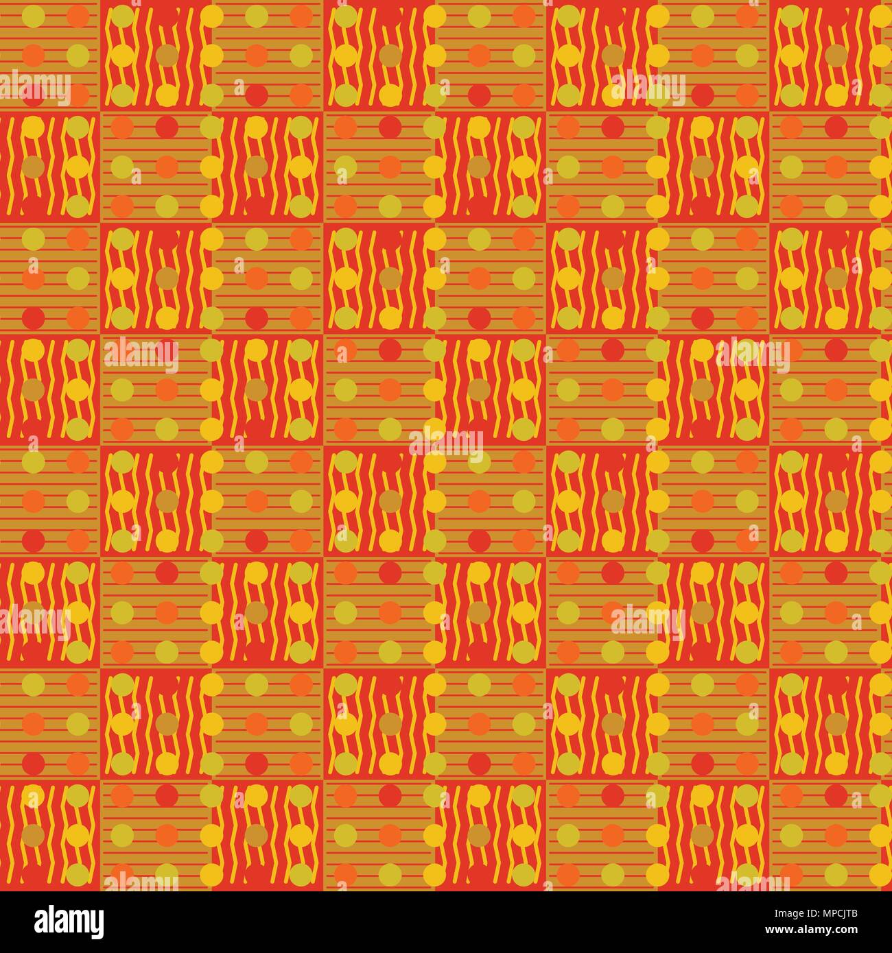 Abstract repeating pattern of multi-colored lines, squares and circles Stock Vector