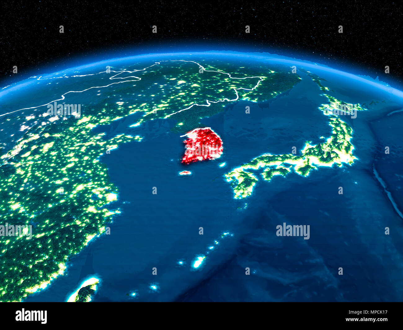 Orbit view of South Korea highlighted in red with visible borderlines ...