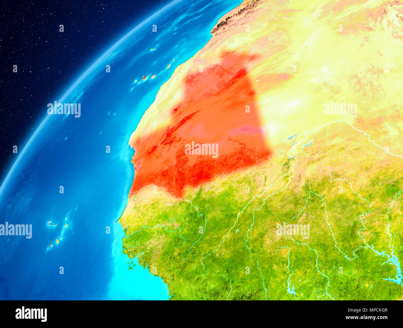 Orbit view of Mauritania highlighted in red on planet Earth. 3D ...
