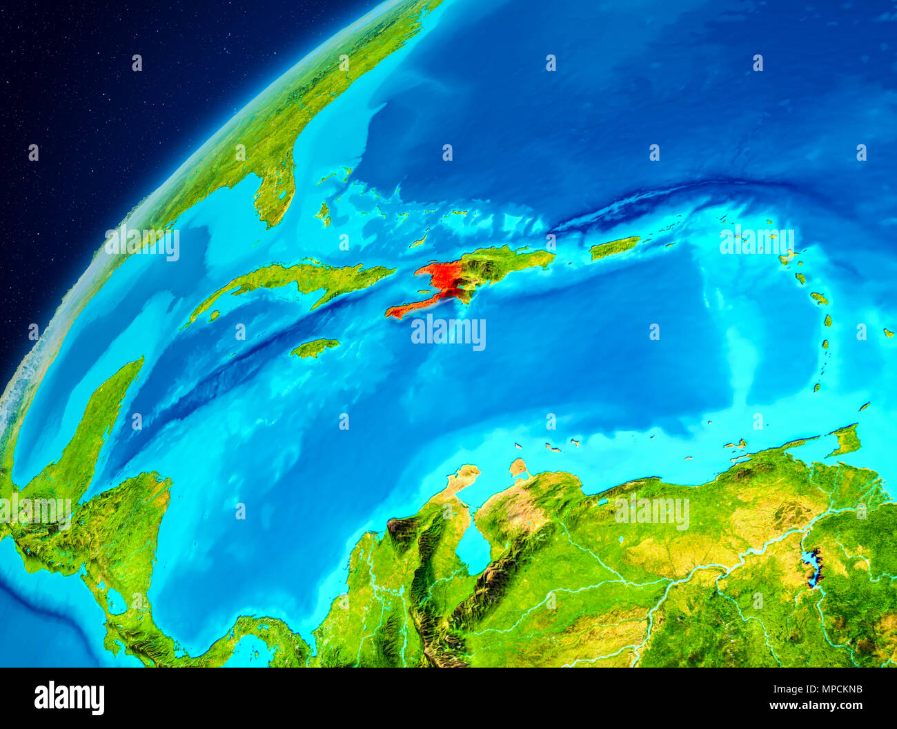 Orbit view of Haiti highlighted in red on planet Earth. 3D illustration ...
