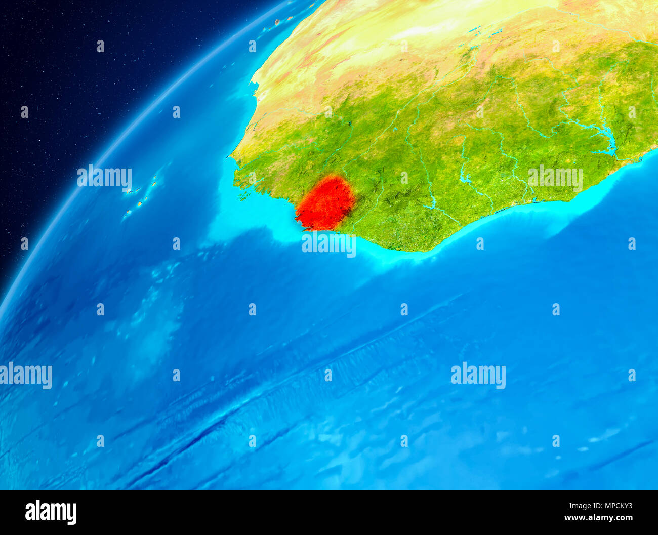 Orbit view of Sierra Leone highlighted in red on planet Earth. 3D ...