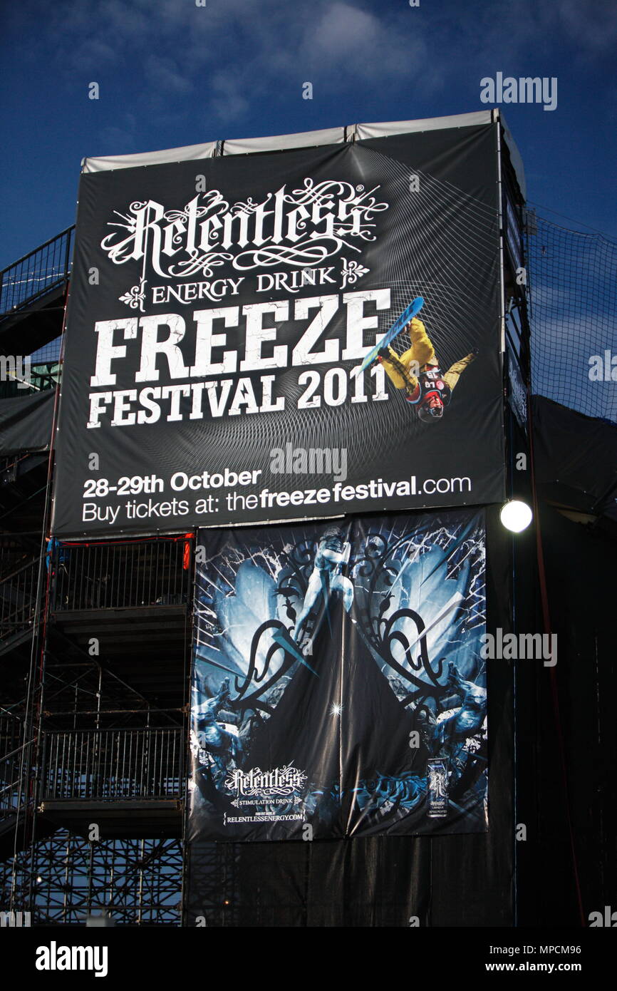 UK Entertainment - Relentless Freeze Festival annual Ski and Snowboard festival featuring the LG Snowboard FIS World Cup. Battersea Power Station, London. 28 October 2011 Stock Photo