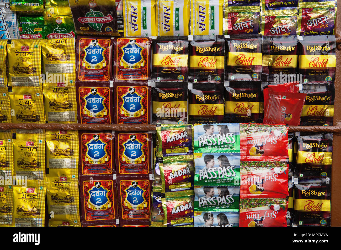 India, Uttar Pradesh, Lucknow, Display of sachets of pan masala at a