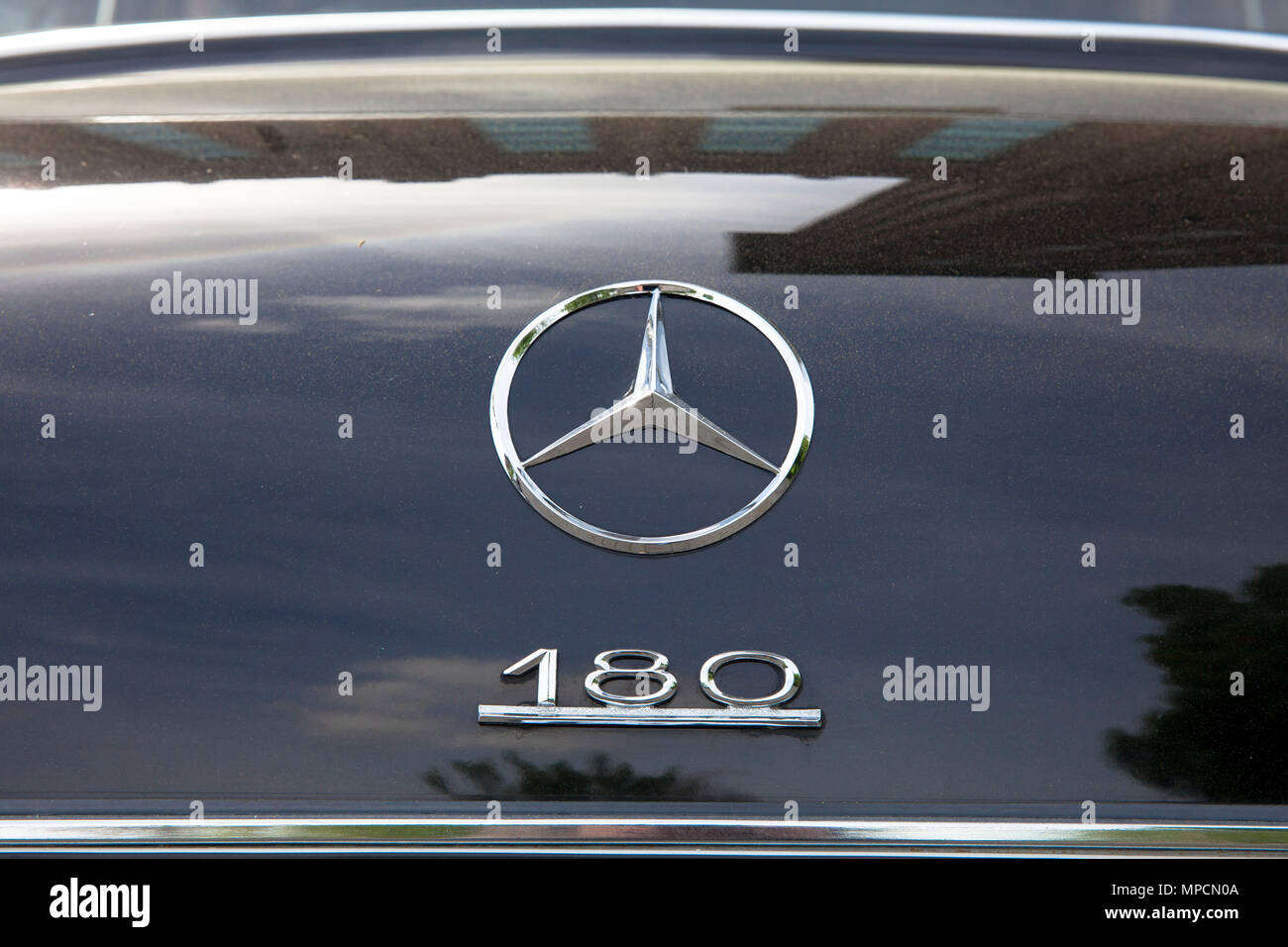 old Mercedes-Benz 180 (W 120), production 1953–1962, star and type on the rear lid, Cologne, Germany.  alter Mercedes-Benz 180 (W 120), Produktionszei Stock Photo