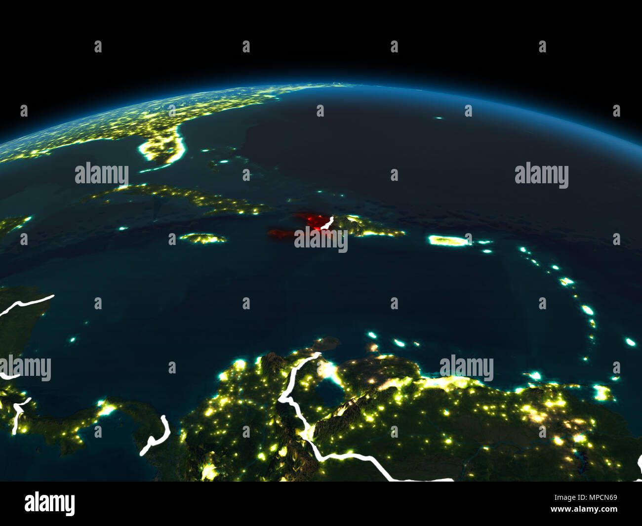 Space orbit view of Haiti highlighted in red on planet Earth at night ...
