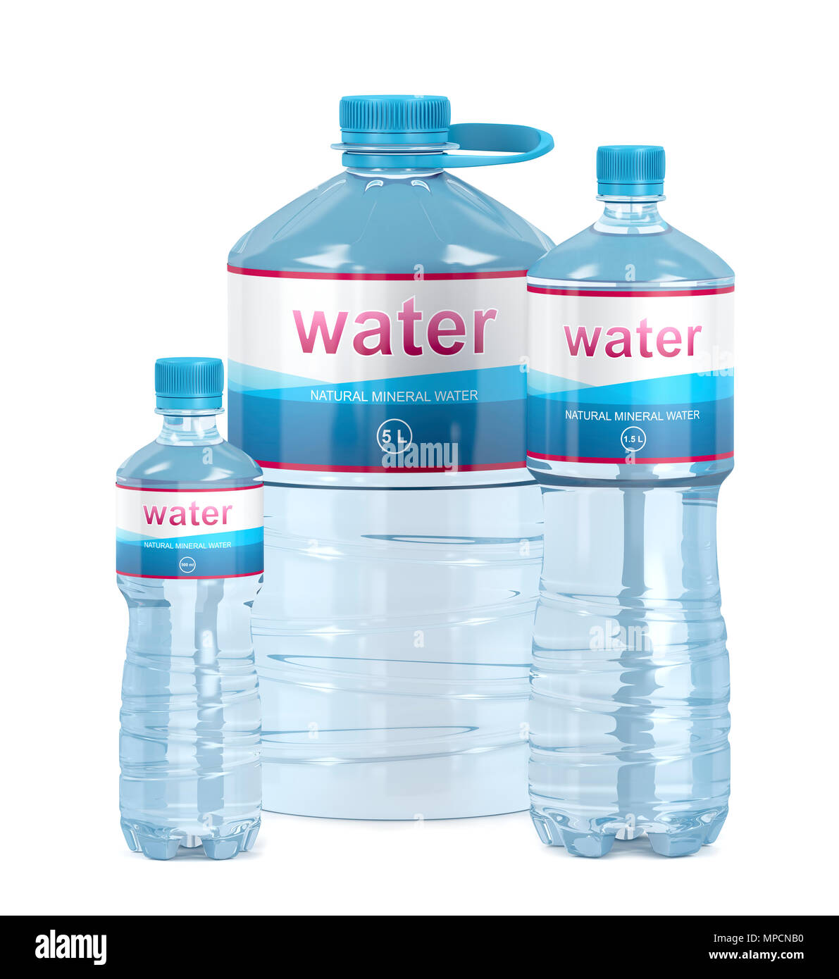 Water bottles with different sizes on white background Stock Photo Alamy