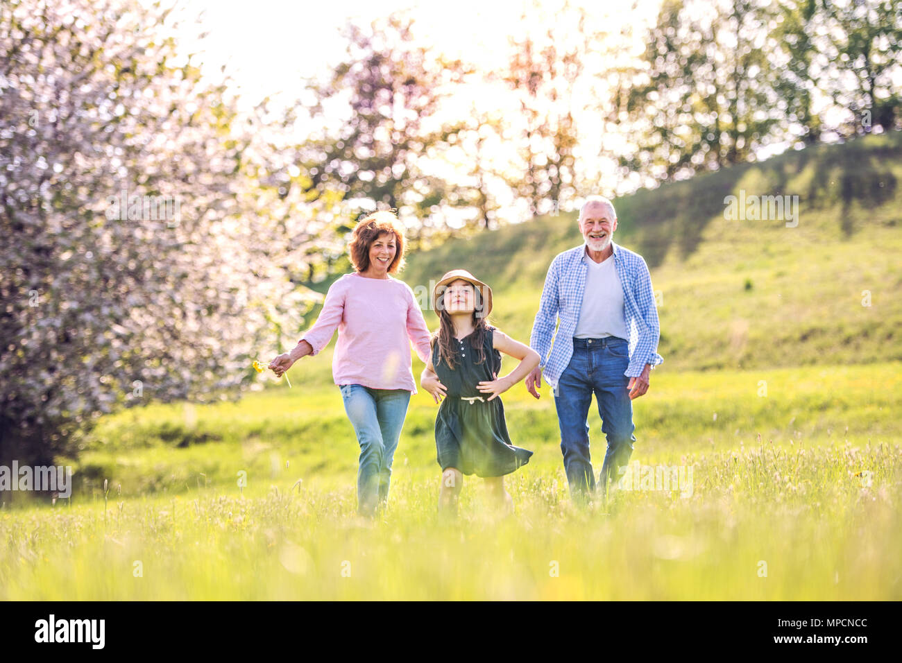 Senior couple with grandaughter outside in spring nature. Stock Photo