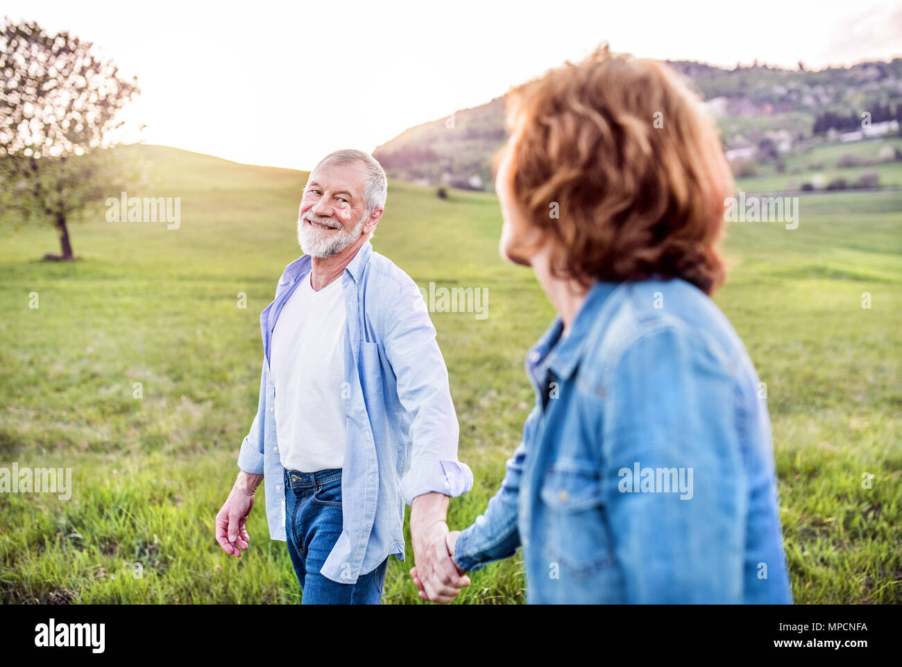 Senior couple walking outside in spring nature, holding hands. Stock Photo