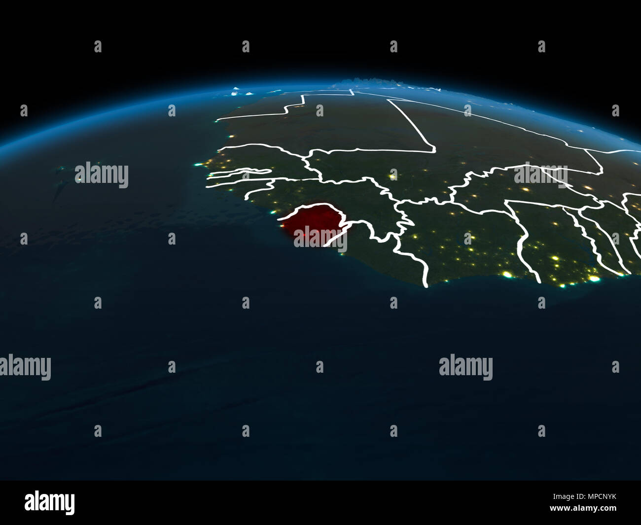 Space orbit view of Sierra Leone highlighted in red on planet Earth at ...
