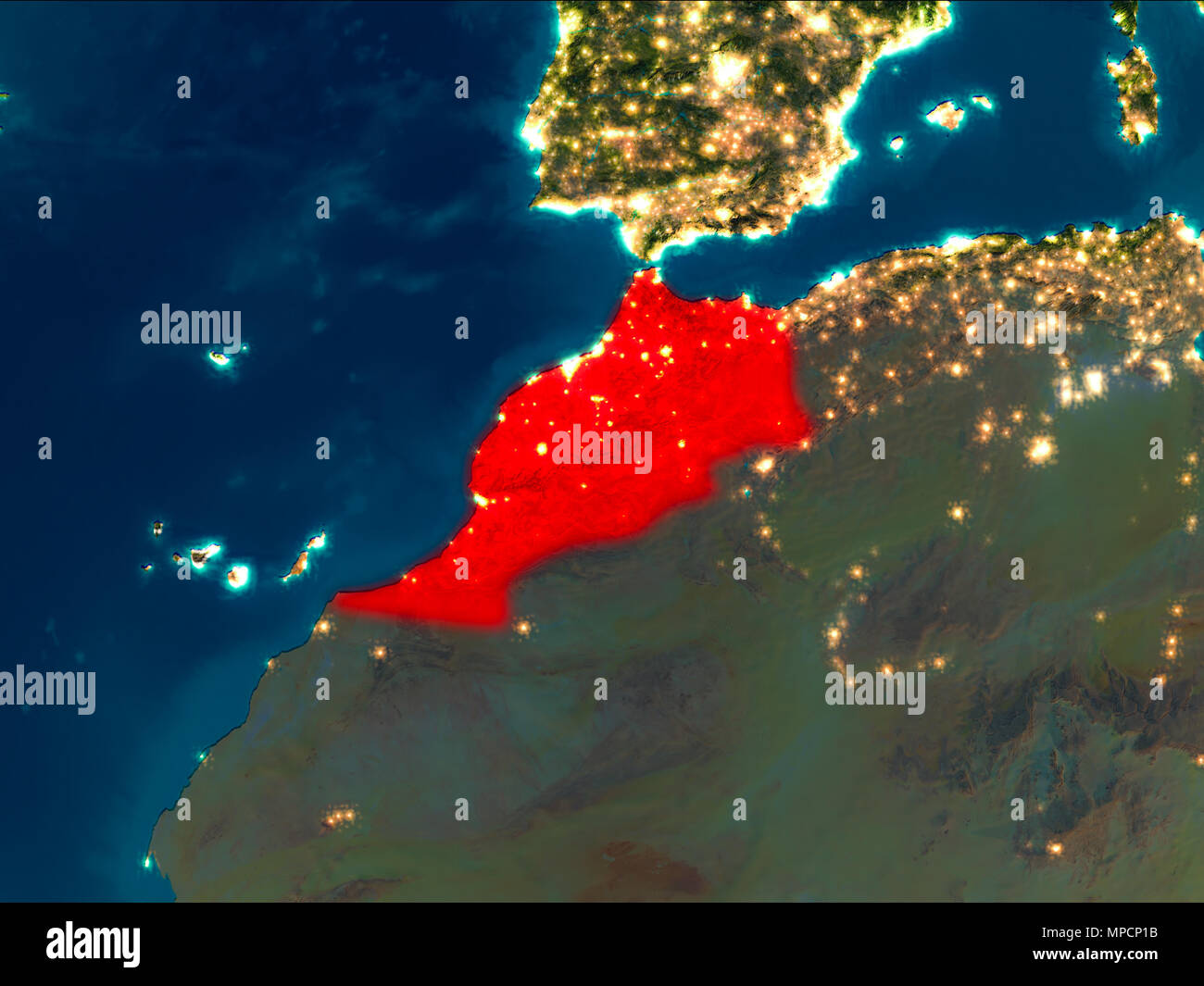 Satellite night view of Morocco highlighted in red on planet Earth. 3D illustration. Elements of this image furnished by NASA. Stock Photo