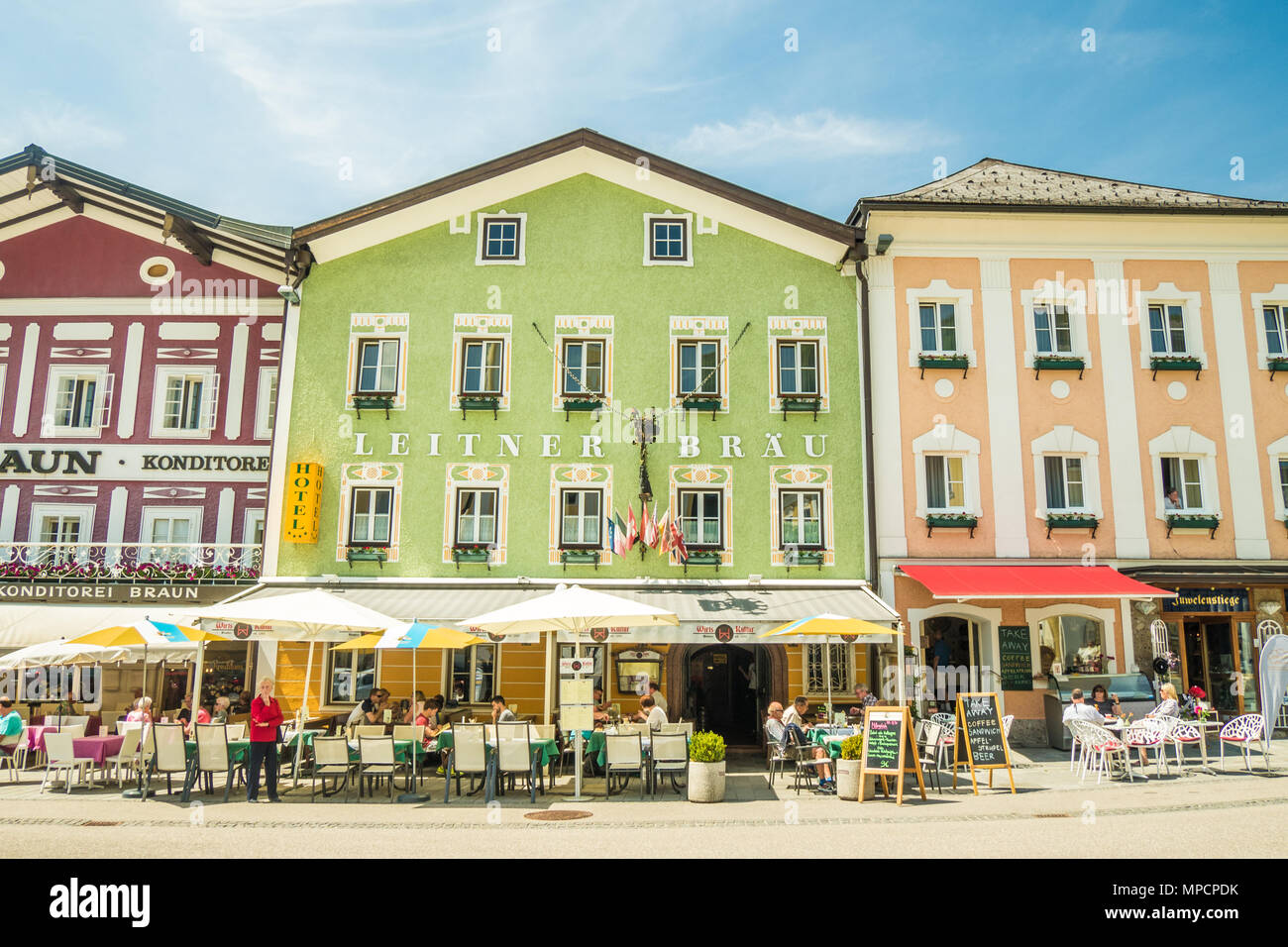 Hotel & Cafe/Restaurants in the town of Mondsee, Austria. Stock Photo