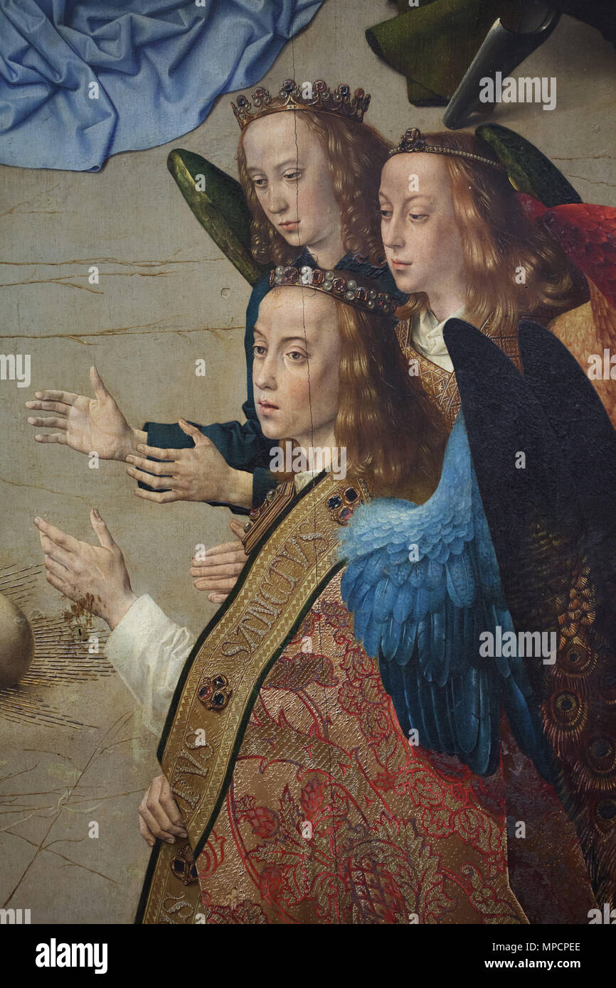 Adoration of the Angels depicted in the central panel of the Portinari Altarpiece (1476-1478) by Flemish Renaissance painter Hugo van der Goes on display in the Uffizi Gallery (Galleria degli Uffizi) in Florence, Tuscany, Italy. Stock Photo