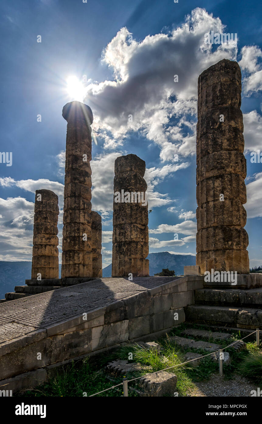 Delphi Town, Phocis - Greece. The Temple of Apollo (Olympian god of sun in ancient greek mythology) at the archaeological site of Delphi Stock Photo