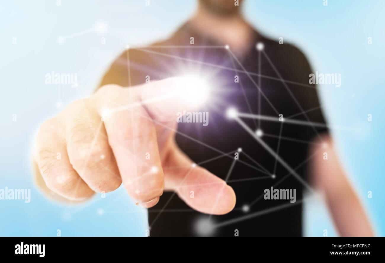 network concept on translucent touch screen with businessman touching node with extended finger Stock Photo