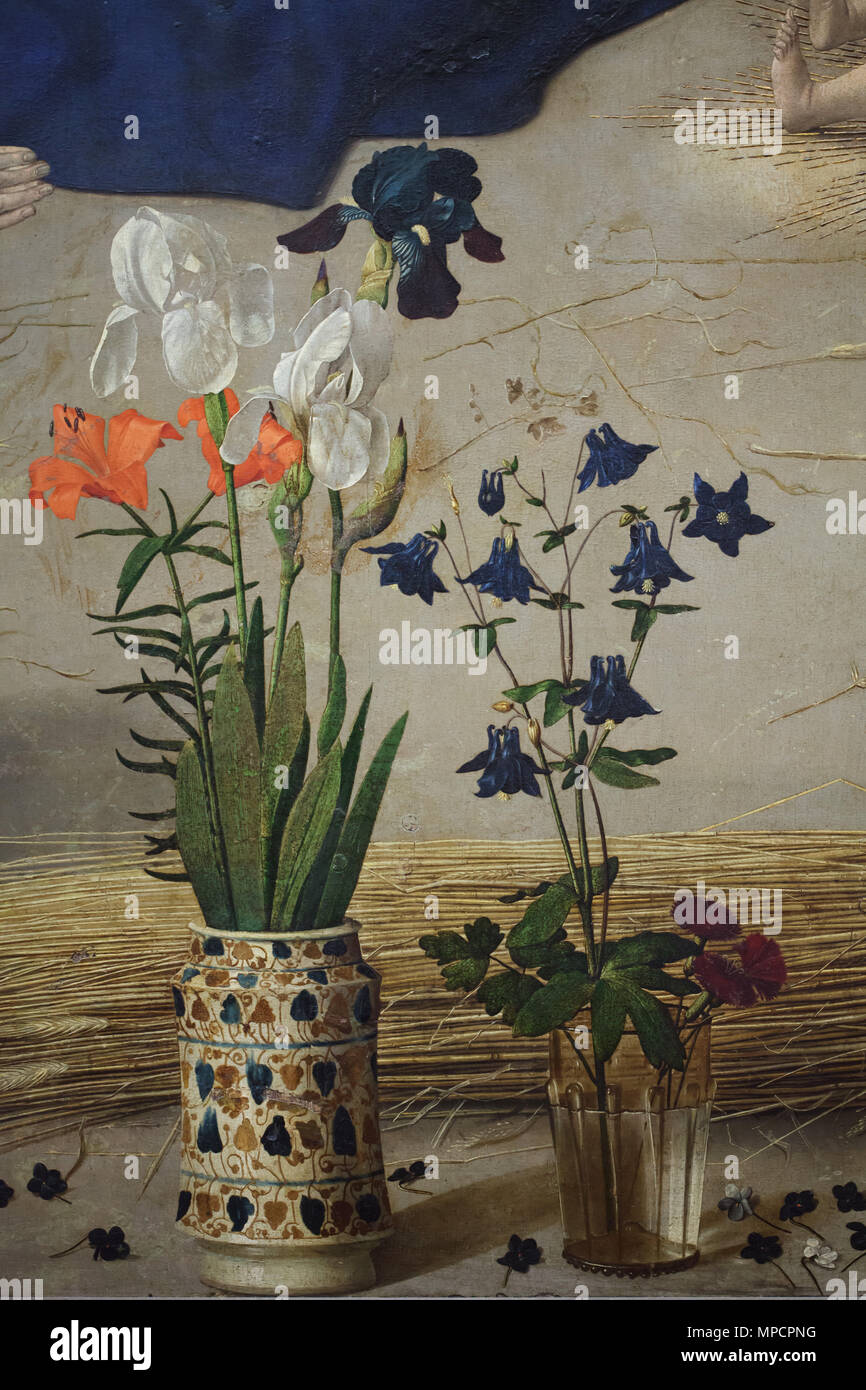 Still life with flowers in vases depicted in the central panel of the Portinari Altarpiece (1476-1478) by Flemish Renaissance painter Hugo van der Goes on display in the Uffizi Gallery (Galleria degli Uffizi) in Florence, Tuscany, Italy. White and blue irises, lilies, columbines and carnations are depicted in the detail. Stock Photo