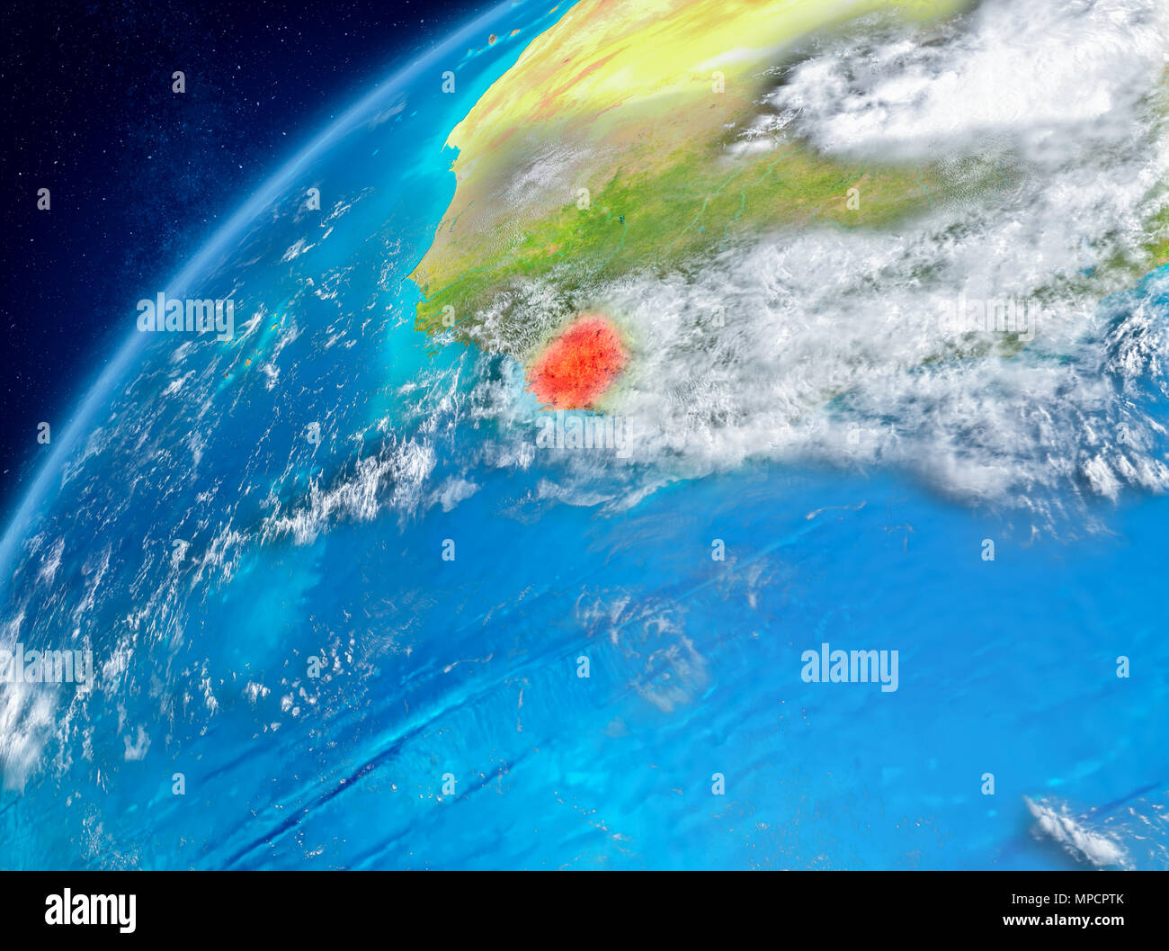 Country of Sierra Leone in red on planet Earth with atmosphere. 3D ...