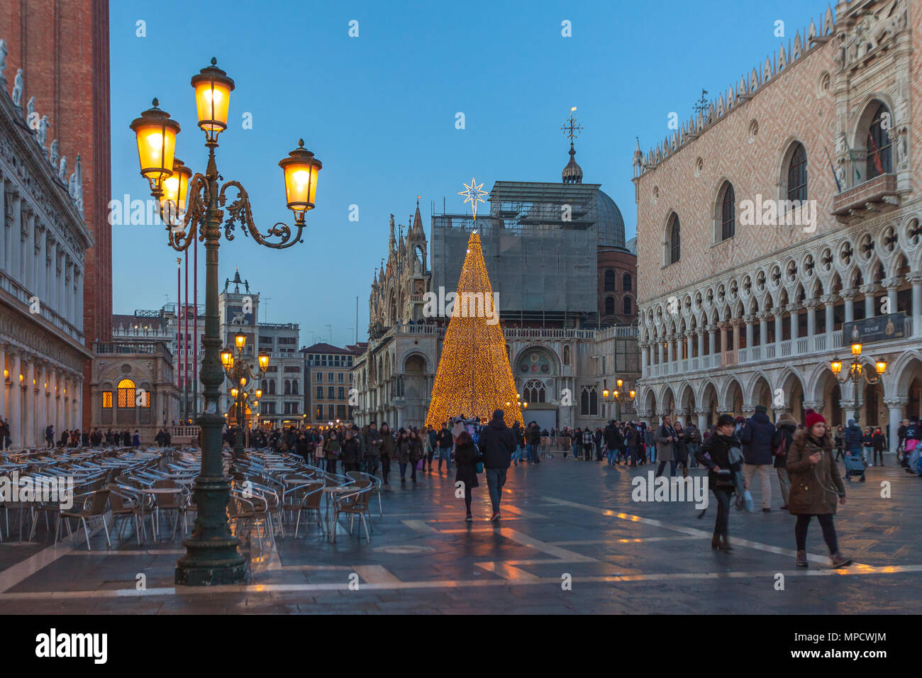 VENICE, ITALY JANUARY 02 2018 the Christmas Tree in front of Palazzo Ducale at the evening