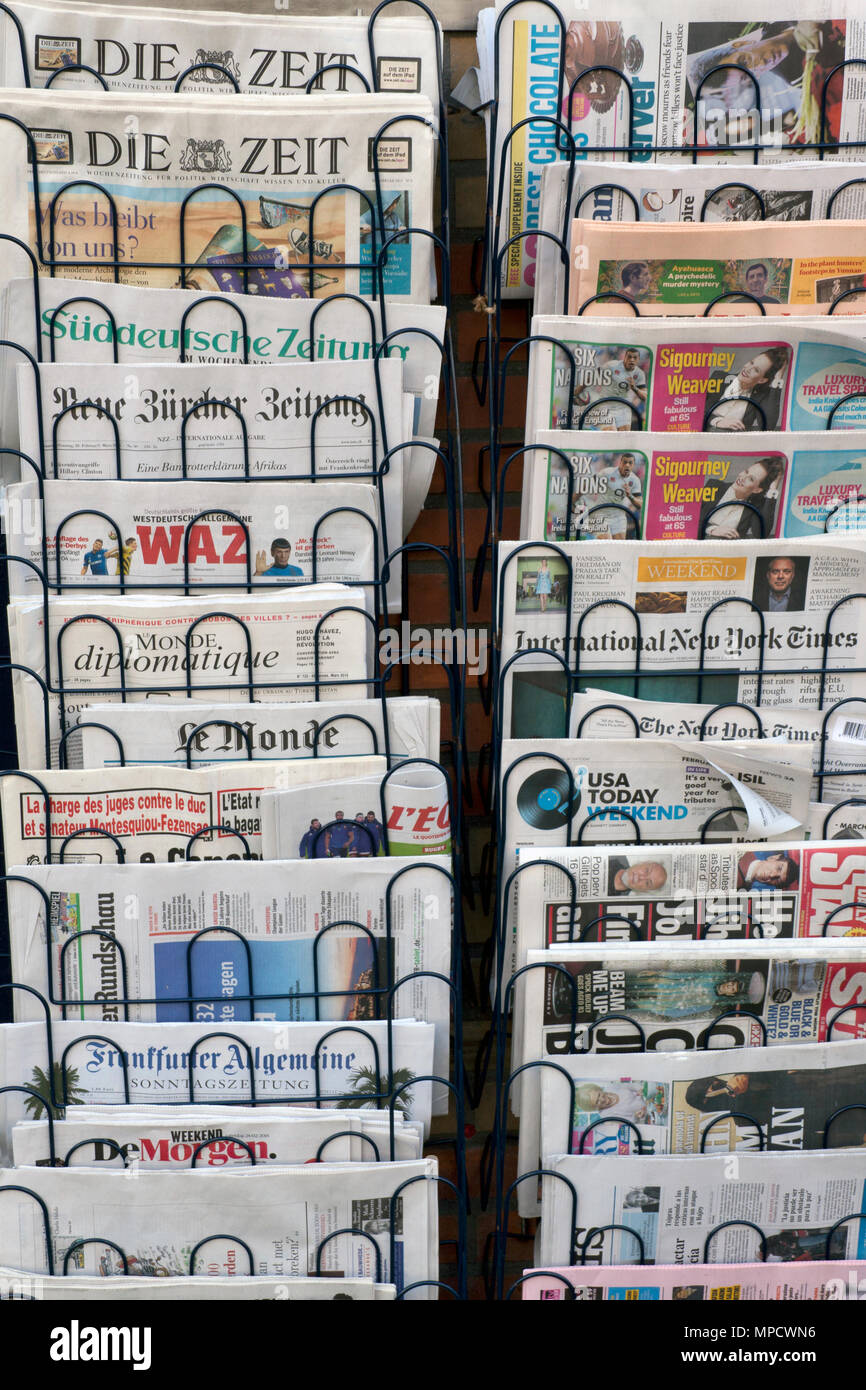 Amsterdam,The Netherlands-march 1,2015: international newspapers in a kiosk Stock Photo