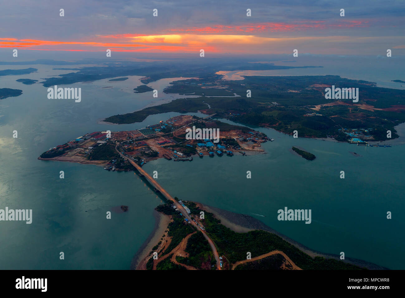 Aerial view of Barelang Bridge a chain of six bridges of various types that connect the islands of Batam at sunrise, Indonesia Stock Photo