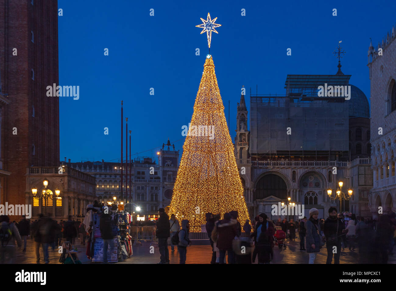 VENICE, ITALY - JANUARY 02 2018: the  Christmas Tree in San Marco Square at the evening Stock Photo