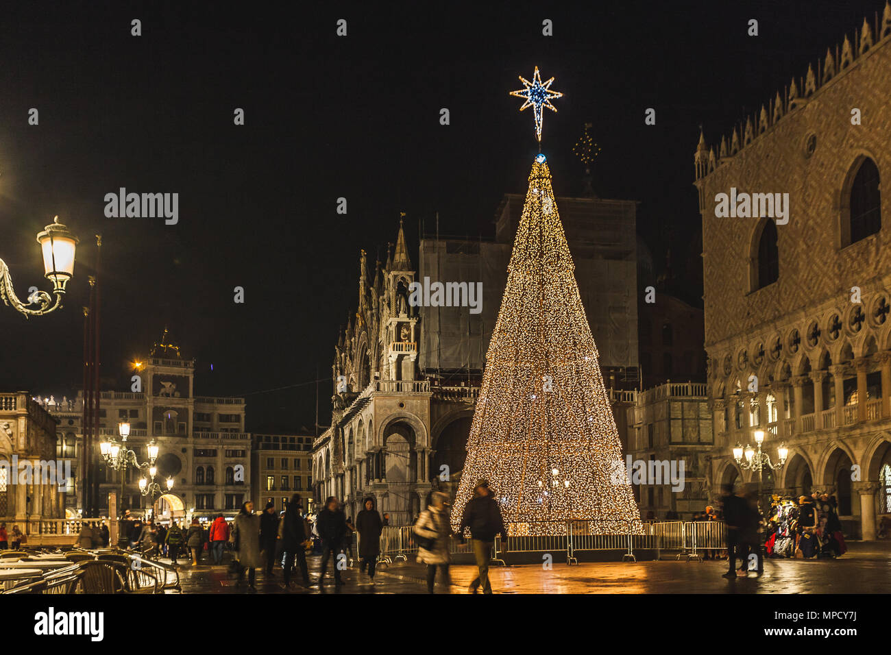 VENICE, ITALY JANUARY 02 2018 night view of the Christmas Tree in