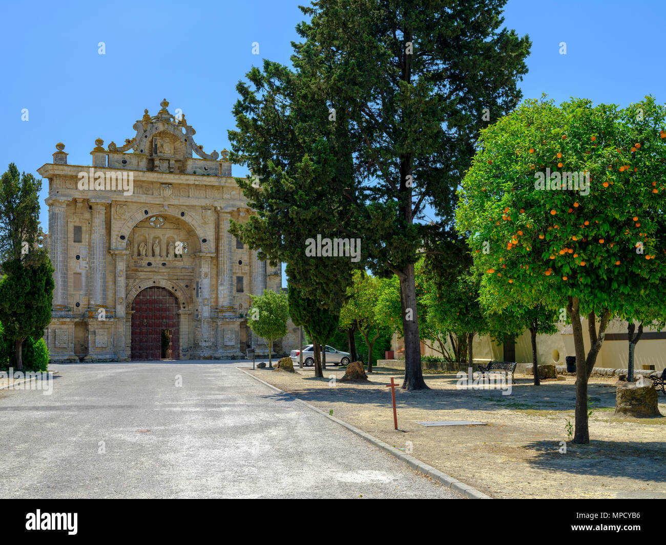 View of front face of Monastery Cartuja de Santa Maria de la Defension de Jerez outside the town of Lomopardo, Andalucia, Spain Stock Photo