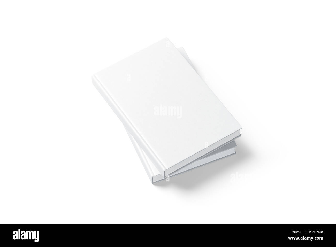 Blank white hardcover two books mock up, top view from the side, 3d rendering. Empty vertical hard cover notebooks on each other mock up, isolated. Ha Stock Photo