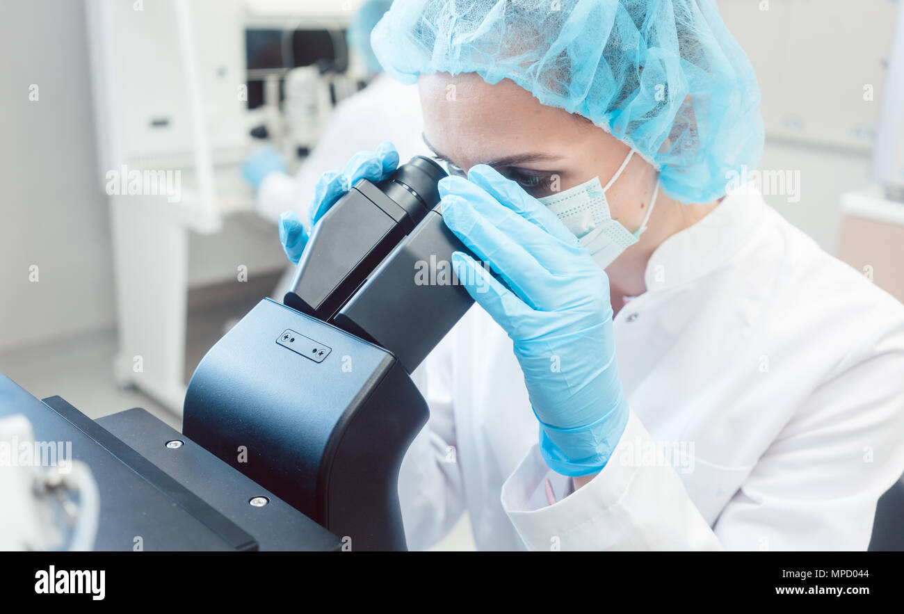 Woman scientist working on microscope  Stock Photo